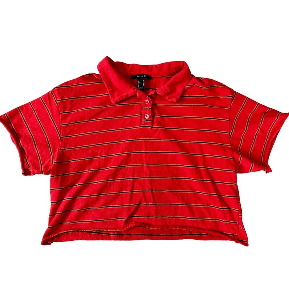 Forever 21 Red‎ Black Orange Stripe Cropped Polo Shirt Women's Size M
